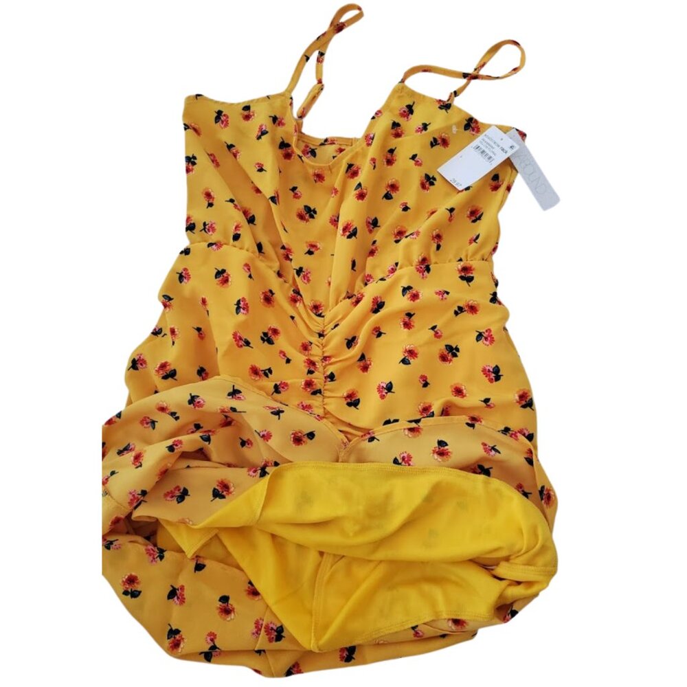Women's Ruched Front Mini V-Neck Yellow w/ Floral Pattern Dress Small NWT - Picture 4 of 10